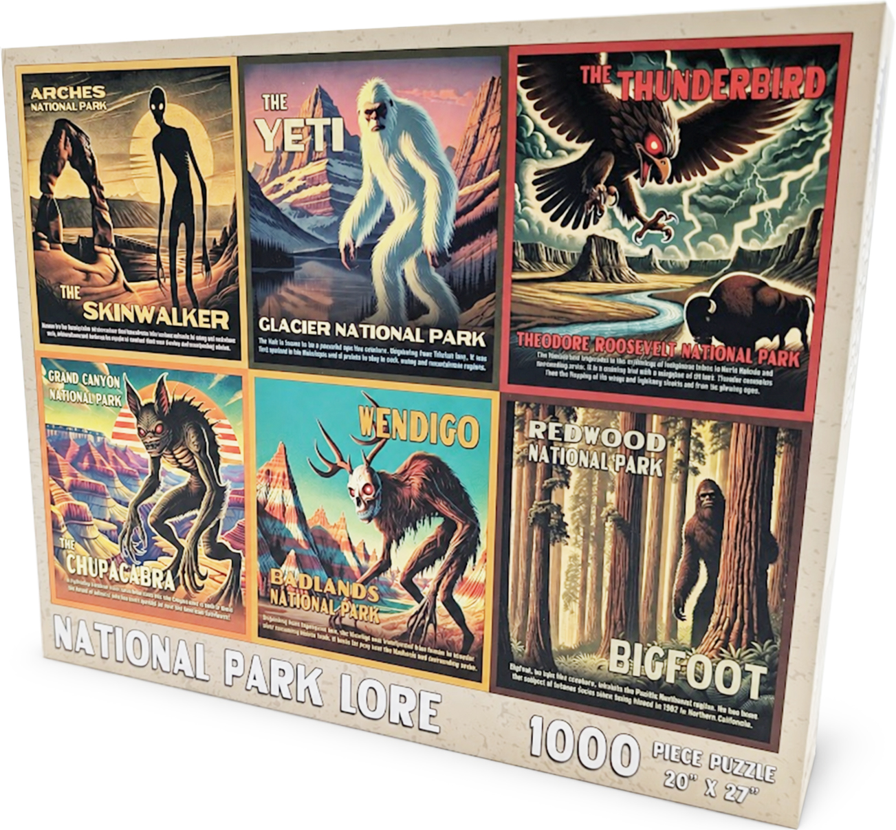 National Park Lore 1000-piece puzzle box with six illustrated cryptid posters